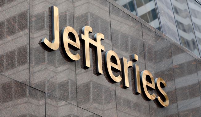 FILE - This May 23, 2019, file photo shows the logo for the Jefferies Financial Group in New York. (AP Photo/Richard Drew, File)