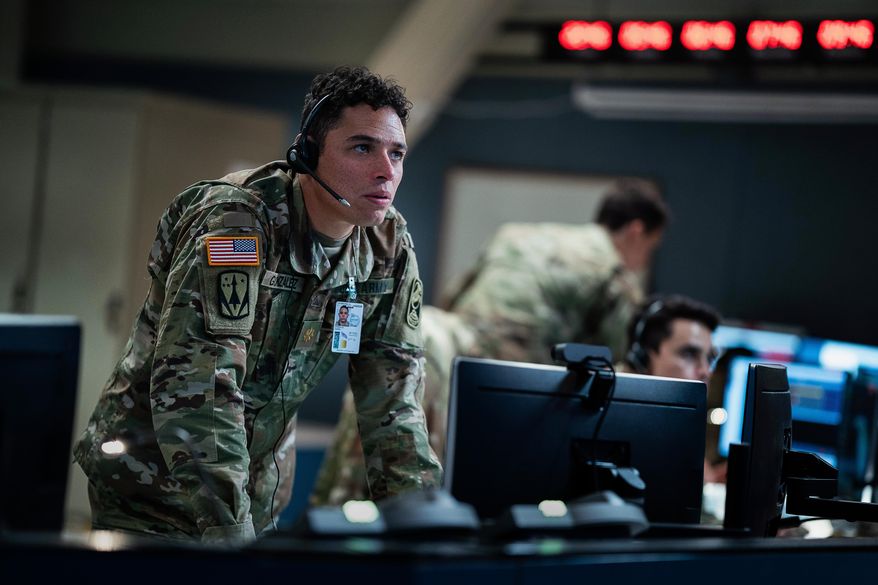 This image released by Netflix shows Anthony Ramos in a scene from "A House of Dynamite." (Eros Hoagland/Netflix via AP)