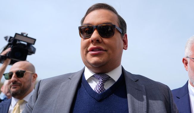 Former U.S. Rep. George Santos arrives at federal court for sentencing, April 25, 2025, in Central Islip, N.Y. (AP Photo/Julia Demaree Nikhinson) **FILE**