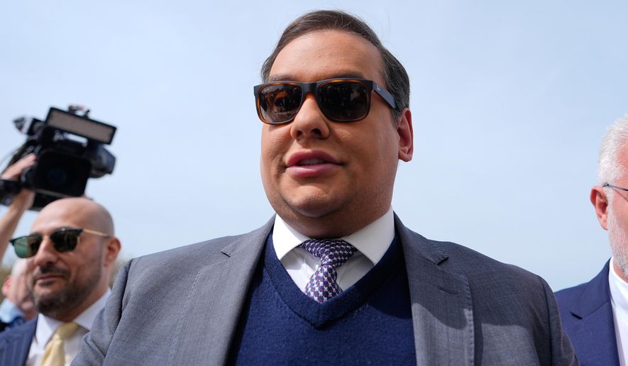 Former U.S. Rep. George Santos arrives at federal court for sentencing, April 25, 2025, in Central Islip, N.Y. (AP Photo/Julia Demaree Nikhinson) **FILE**