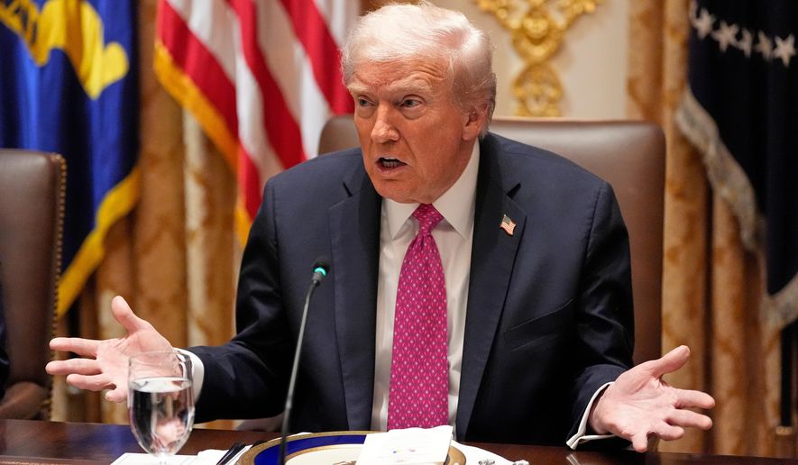 President Donald Trump speaks before a lunch with Ukraine's President Volodymyr Zelenskyy in the Cabinet Room of the White House, Friday, Oct. 17, 2025, in Washington. (AP Photo/Alex Brandon)