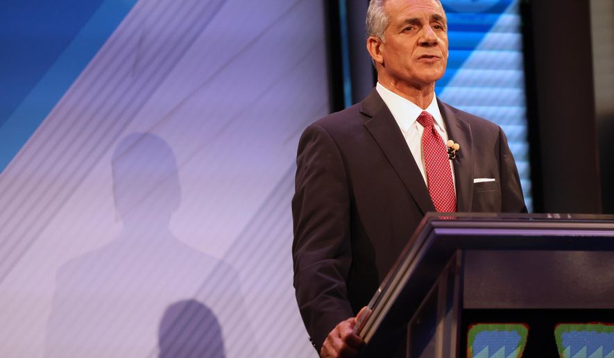 Republican Jack Ciattarelli speaks during the final debate in the New Jersey governor's race with Democrat Mikie Sherrill, Wednesday, Oct. 8, 2025, in New Brunswick, N.J. (AP Photo/Heather Khalifa)