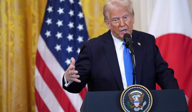FILE - President Donald Trump speaks during a news conference with Japan's Prime Minister Shigeru Ishiba at the White House, on Feb. 7, 2025, in Washington. (AP Photo/Evan Vucci, File)