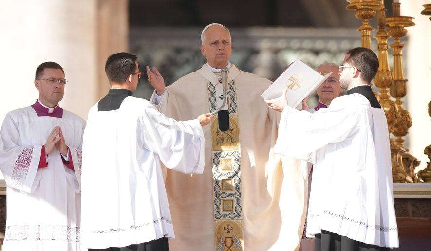 Pope Leo XIV, presides over a Mass in St. Peter's Square at the Vatican, during which he will canonize seven new saints of the Catholic Church, Sunday, Oct. 19, 2025. (AP Photo/Andrew Medichini)