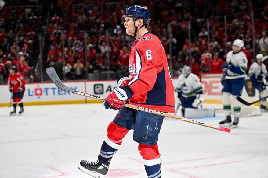 Washington Capitals defenseman Jakob Chychrun (6) celebrating after scoring a goal during the third period of an NHL game against the Vancouver Canucks at Capital One Arena in Washington D.C., October 19, 2025. (Photo for the Washington Times)