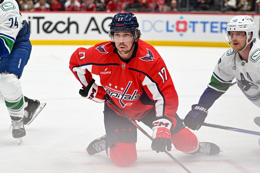 Washington Capitals center Dylan Strome (17) getting up after a face off during the third period of an NHL game against the Vancouver Canucks at Capital One Arena in Washington D.C., October 19, 2025. (Photo for the Washington Times)