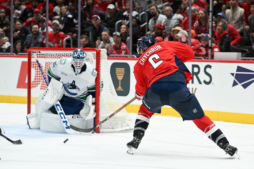 Washington Capitals defenseman Jakob Chychrun (6) taking a shot during the third period of an NHL game against the Vancouver Canucks at Capital One Arena in Washington D.C., October 19, 2025. (Photo for the Washington Times)