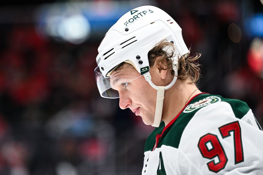 Minnesota Wild left wing Kirill Kaprizov (97) shows his frustration during a stoppage in play against the Washington Capitals at Capital One Arena, Washington, D.C., October 17, 2025. (Photo by Brian Murphy for the Washington Times)