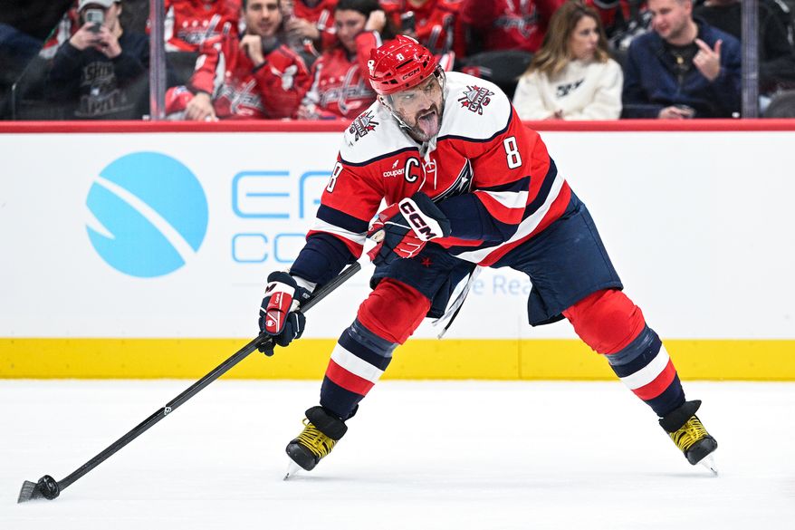 Washington Capitals left wing Alex Ovechkin (8) winds up for a wrist shot during the third period against the Minnesota Wild at Capital One Arena, Washington, D.C., October 17, 2025. (Photo by Brian Murphy for the Washington Times)