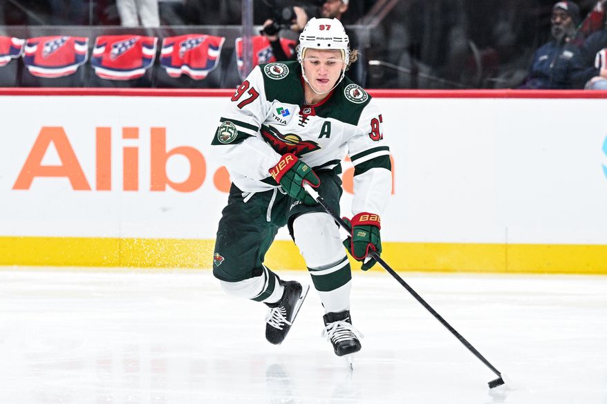 Minnesota Wild left wing Kirill Kaprizov (97) settles the puck before progressing up the ice during a power play against the Washington Capitals at Capital One Arena, Washington, D.C., October 17, 2025. (Photo by Brian Murphy for the Washington Times)