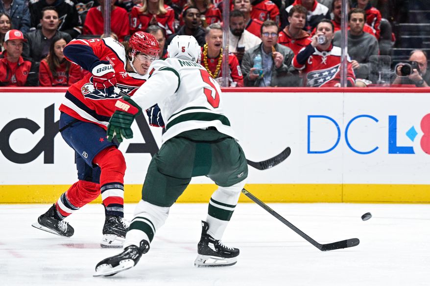 Washington Capitals left wing Sonny Milano (15) rifles a shot on target from the point against the Minnesota Wild at Capital One Arena, Washington, D.C., October 17, 2025. (Photo by Brian Murphy for the Washington Times)