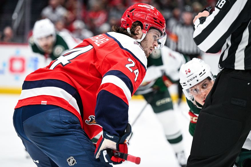Washington Capitals center Connor McMichael (24) lines up for a third-period face-off against the Minnesota Wild at Capital One Arena, Washington, D.C., October 17, 2025. (Photo by Brian Murphy for the Washington Times)