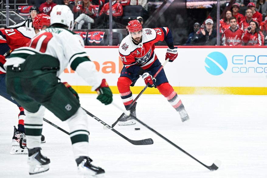 Washington Capitals right wing Tom Wilson (43) scans for a teammate to pass to in the offensive zone against the Minnesota Wild at Capital One Arena, Washington, D.C., October 17, 2025. (Photo by Brian Murphy for the Washington Times)