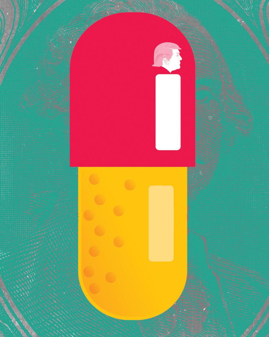 TrumpRx, drug prices and pharmaceuticals economics illustration by Linas Garsys / The Washington Times