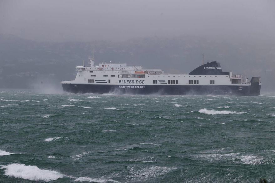 A ferry is battered by high winds in Wellington, New Zealand, Tuesday, Oct. 21, 2025. (Bruce MacKay/STUFF via AP)
