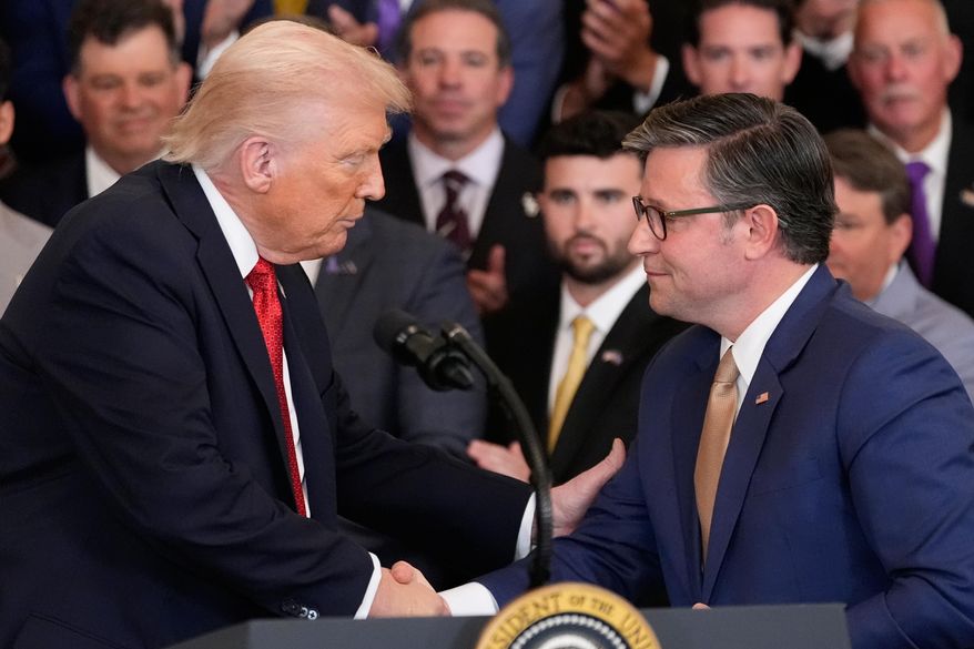 President Donald Trump shakes hands with House Speaker Mike Johnson of La., during an event to welcome the 2025 LSU and LSU-Shreveport national champion baseball teams in the East Room of the White House, Monday, Oct. 20, 2025, in Washington. (AP Photo/Alex Brandon)