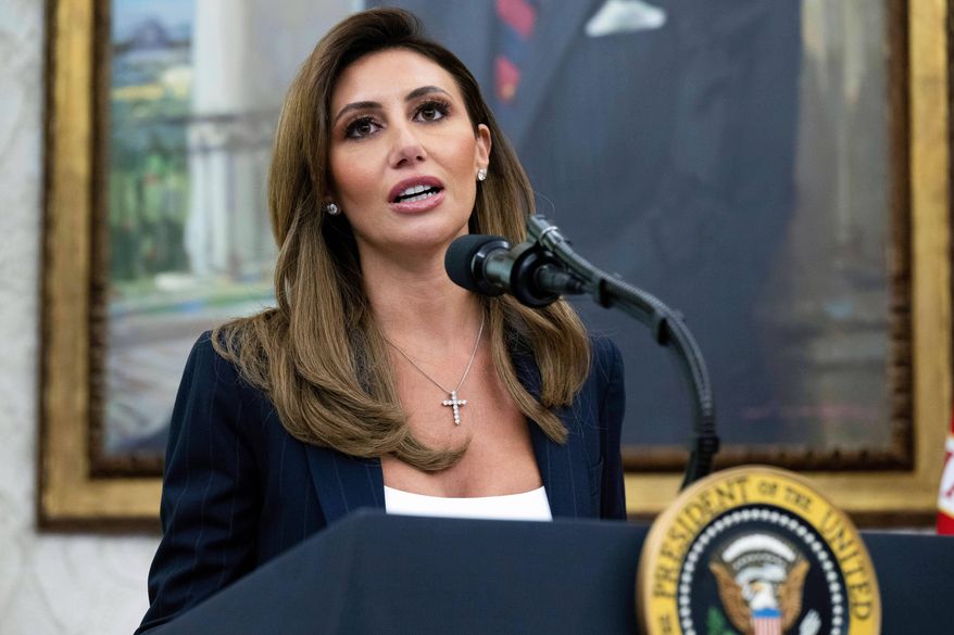 FILE - Alina Habba speaks after being sworn in as interim US Attorney General for New Jersey, in the Oval Office of the White House in Washington, on March 28, 2025. (Pool File via AP, file)