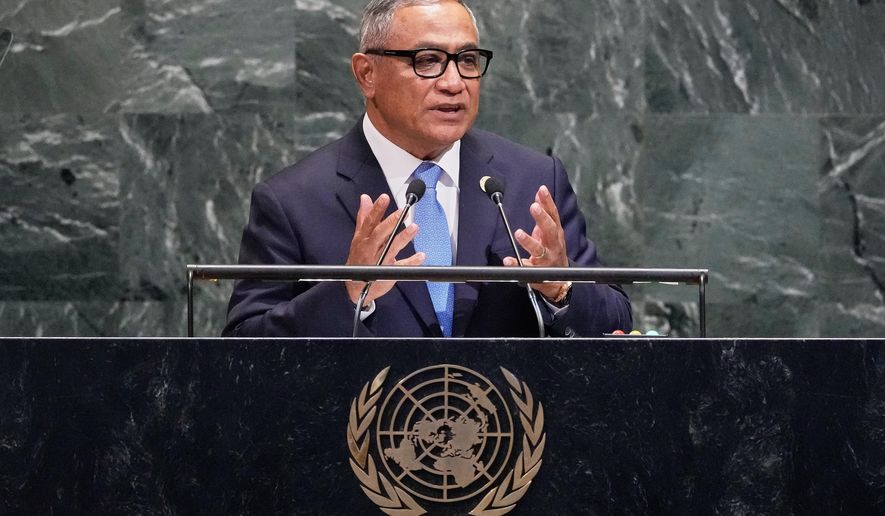 Belize Prime Minister John Briceno addresses the 80th session of the United Nations General Assembly, Friday, Sept. 26, 2025. (AP Photo/Richard Drew)