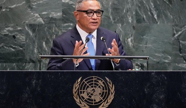 Belize Prime Minister John Briceno addresses the 80th session of the United Nations General Assembly, Friday, Sept. 26, 2025. (AP Photo/Richard Drew)