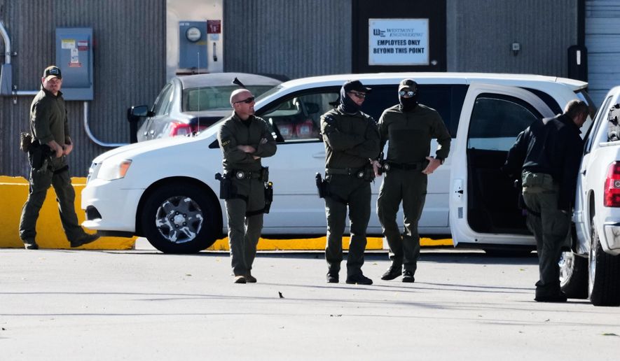 Federal patrol agents stand outside an ICE processing facility in the Chicago suburb of Broadview, Ill., Tuesday, Oct. 21, 2025. (AP Photo/Nam Y. Huh)