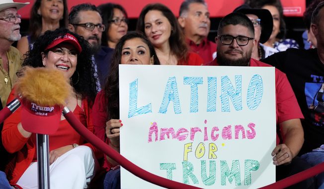 FILE - Supporters hold a sign before Republican presidential nominee former President Donald Trump arrives to speak during a campaign event, Sept.12, 2024, in Tucson, Ariz. (AP Photo/Alex Brandon, File)