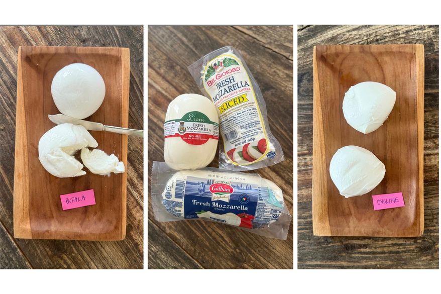 This combination of images shows a variety of mozzarella products, from left, buffalo mozzarella (Mozzarella di Bufala), made from the milk of water buffalo, three packaged brands of mozzarella, and smaller balls called ovoline (“egg-size” in Italian). (Katie Workman via AP)