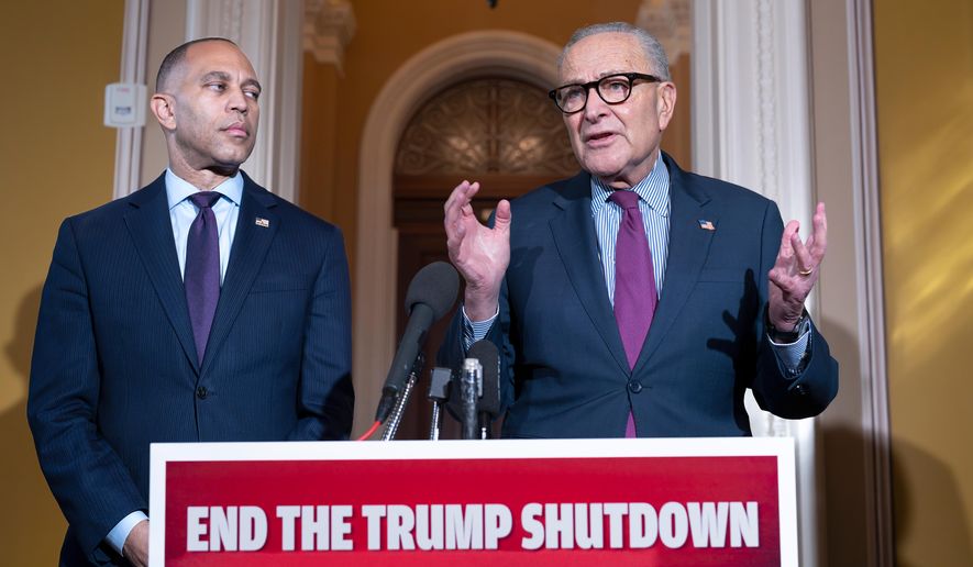 House Minority Leader Hakeem Jeffries, D-N.Y., left, and Senate Minority Leader Chuck Schumer, D-N.Y., speak to reporters outside the Senate chamber as they charge President Donald Trump and the Republicans with the government shutdown, at the Capitol in Washington, Thursday, Oct. 16, 2025. (AP Photo/J. Scott Applewhite) ** FILE **
