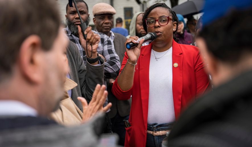 FILE - Rep. LaMonica McIver, D-N.J., demands the release of Newark Mayor Ras Baraka after his arrest while protesting outside of Delaney Hall ICE detention facility, May 9, 2025, in Newark, N.J. (AP Photo/Angelina Katsanis, File)