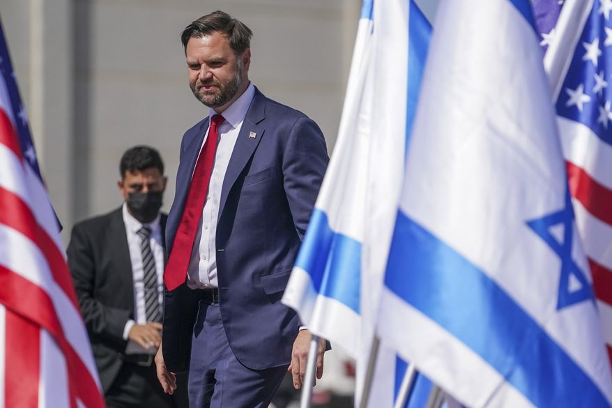 Vice President J.D. Vance arrives at Ben Gurion airport in Tel Aviv, Israel, Monday, Oct. 21, 2025. (Nathan Howard/Pool Photo via AP)