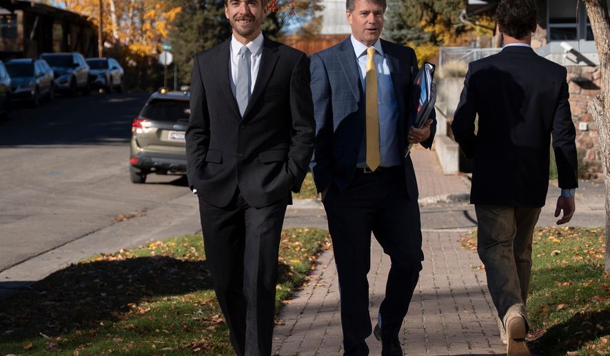 Michelino Sunseri, left, and his attorney Ed Bushnell walk toward the Clifford P. Hansen Courthouse Tuesday, Oct. 21, 2025, in Jackson, Wyo. (Kathryn Ziesig/Jackson Hole News & Guide via AP)
