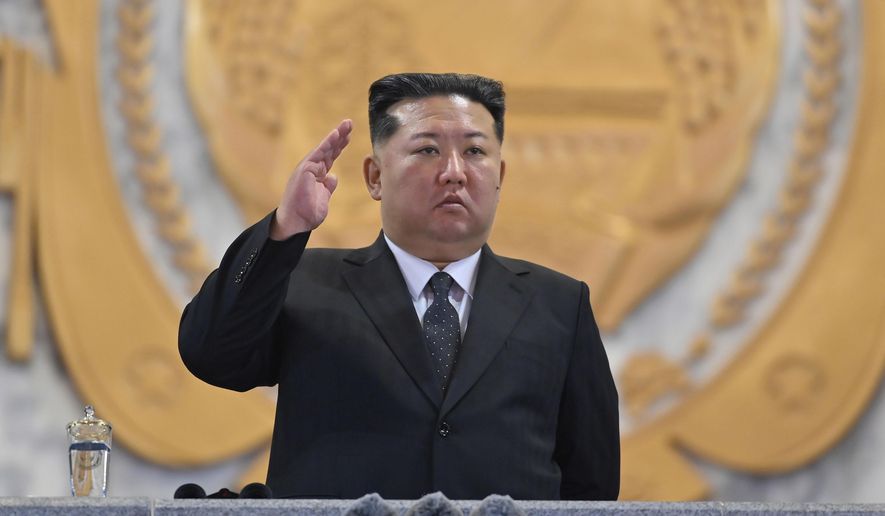 In this photo provided by North Korean government, North Korean leader Kim Jong-un attends the military parade marking the 80th anniversary of the founding of the ruling Worker's Party, in Pyongyang, North Korea, Friday, Oct. 10, 2025. Independent journalists were not given access to cover the event depicted in this image distributed by the North Korean government. The content of this image is as provided and cannot be independently verified. Korean language watermark on image as provided by source reads: "KCNA" which is the abbreviation for Korean Central News Agency. (Korean Central News Agency/Korea News Service via AP)