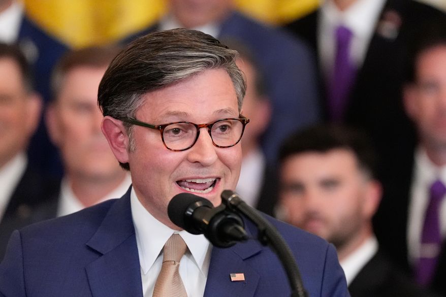 House Speaker Mike Johnson of La., speaks during an event with President Donald Trump to welcome the 2025 LSU and LSU-Shreveport national champion baseball teams in the East Room of the White House, Monday, Oct. 20, 2025, in Washington. (AP Photo/Alex Brandon)