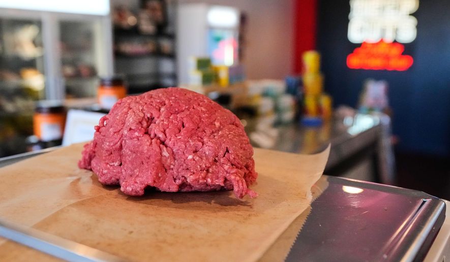 An order of ground beef on Oct. 21, 2025, in Dallas. (AP Photo/Tony Gutierrez)