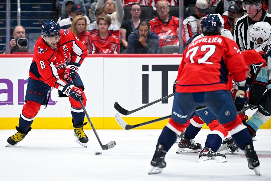 Washington Capitals left wing Alex Ovechkin (8) tries to possess the puck after a face-off against the Seattle Kraken at Capital One Arena, Washington, D.C., October 21, 2025. (Photo by Brian Murphy for the Washington Times)
