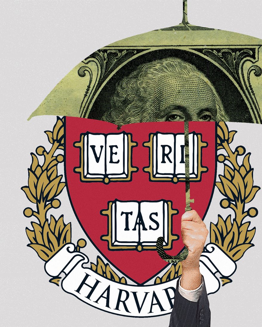 Harvard University and federal tax law illustration by Linas Garsys / The Washington Times