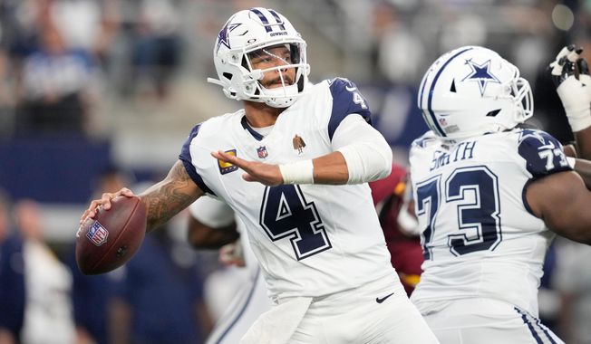 Dallas Cowboys quarterback Dak Prescott throws a pass against the Washington Commanders during the first half of an NFL football game Sunday, Oct. 19, 2025, in Arlington, Texas. (AP Photo/Tony Gutierrez)