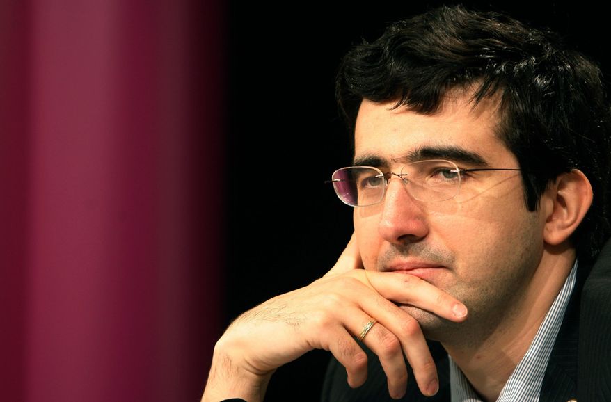 FILE - Russia's Vladimir Kramnik meets the media during a news conference after the 10th game of the Chess World Championship in the Art and Exhibition Hall of the Federal Republic of Germany in Bonn, western Germany, Oct. 27, 2008. (AP Photo/Hermann J. Knippertz, File)