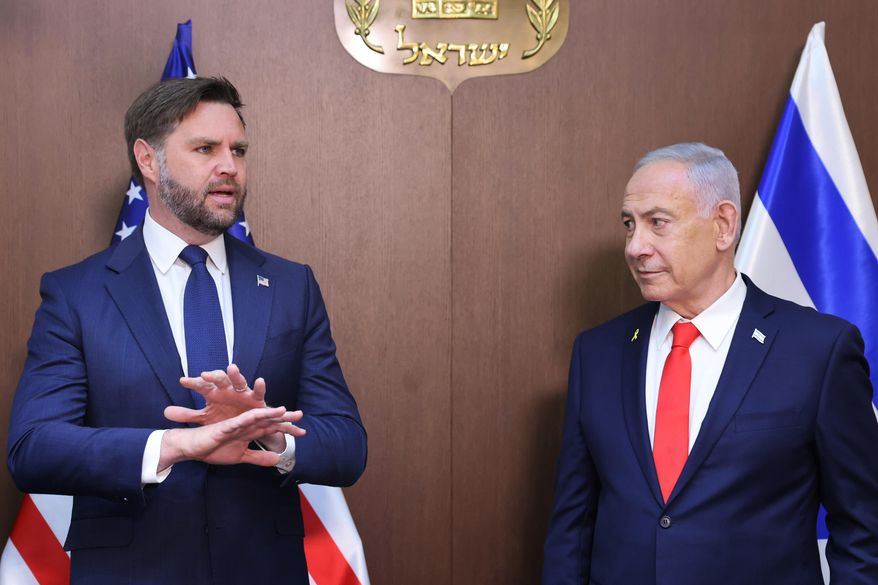 U.S. Vice President JD Vance, left, meets with Israeli Prime Minister Benjamin Netanyahu at the Prime Minister's Office in Jerusalem, Wednesday, Oct. 22, 2025. (Marc Israel Sellem/Jerusalem Post via AP, Pool)