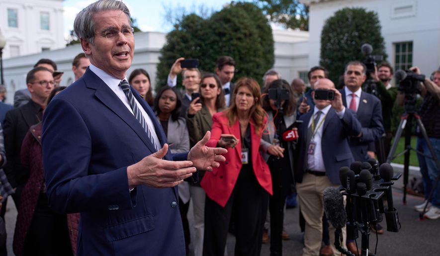 Treasury Secretary Scott Bessent speaks with reporters at the White House, Wednesday, Oct. 22, 2025, in Washington. (AP Photo/Evan Vucci)