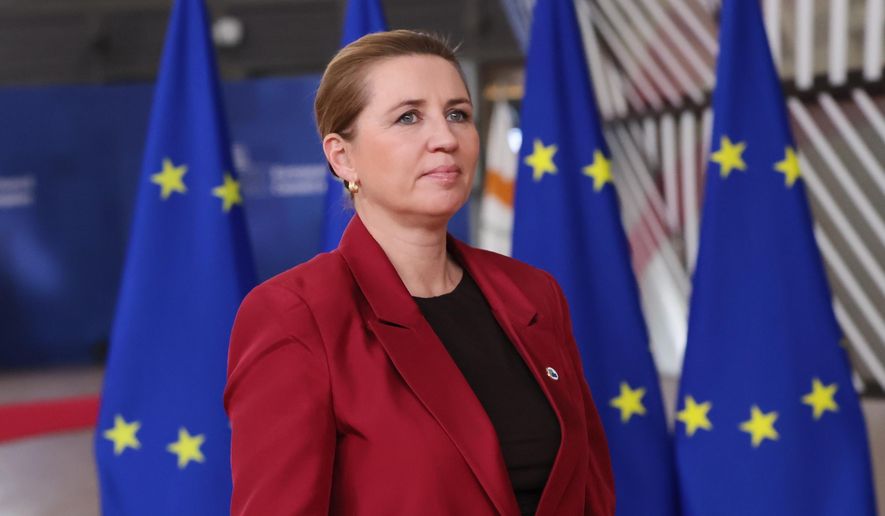 Denmark's Prime Minister Mette Frederiksen arrives for an EU Summit at the European Council building in Brussels, Thursday, Oct. 23, 2025. (AP Photo/Francois Walschaerts)