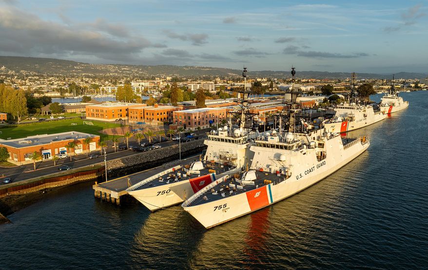 Ships dock at Coast Guard Base Alameda on Wednesday, Oct. 22, 2025, in Alameda, Calif. (AP Photo/Noah Berger)