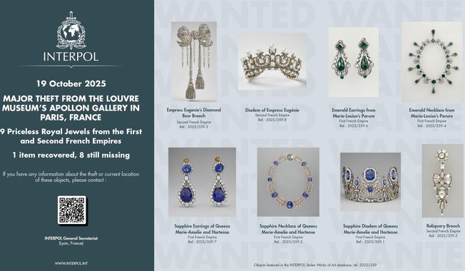 This photo provided Thursday Oct. 23, 2025 by Interpol and taken from its website shows the jewels stolen in the Louvre museum on Sunday Oct.19, 2025 in Paris. (Interpol via AP)