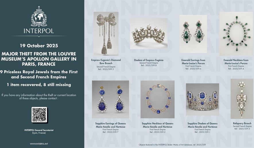 This photo provided Thursday Oct. 23, 2025 by Interpol and taken from its website shows the jewels stolen in the Louvre museum on Sunday Oct.19, 2025 in Paris. (Interpol via AP)