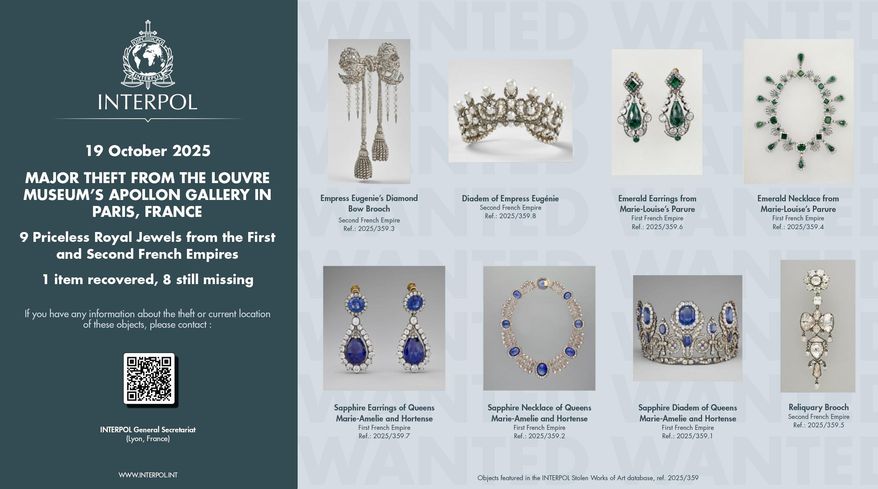This photo provided Thursday Oct. 23, 2025 by Interpol and taken from its website shows the jewels stolen in the Louvre museum on Sunday Oct.19, 2025 in Paris. (Interpol via AP)