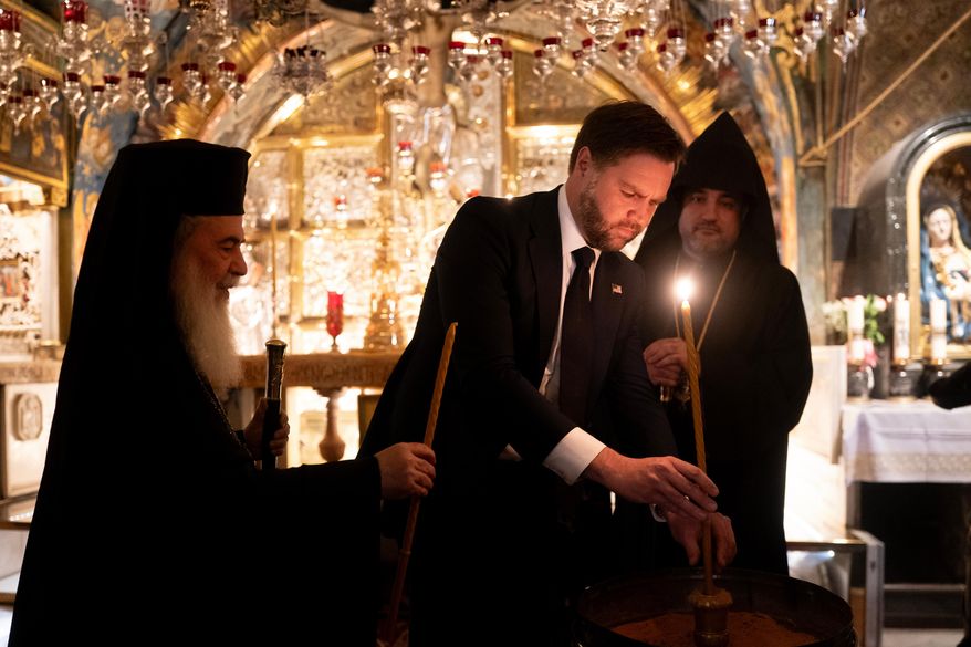 U.S. Vice President JD Vance, center, tours The Church of the Holy Sepulchre in the Old City of Jerusalem Thursday, Oct. 23, 2025. (Nathan Howard/Pool Photo via AP)