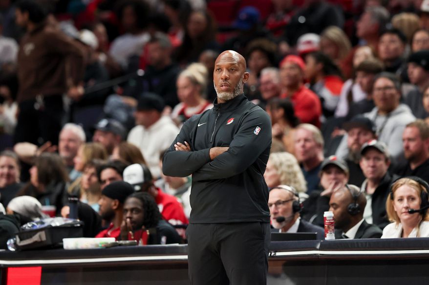 FILE - Portland Trail Blazers head coach Chauncey Billups looks on during the second half of an NBA preseason basketball game against the Golden State Warriors Tuesday, Oct. 14, 2025, in Portland, Ore. (AP Photo/Amanda Loman, File)