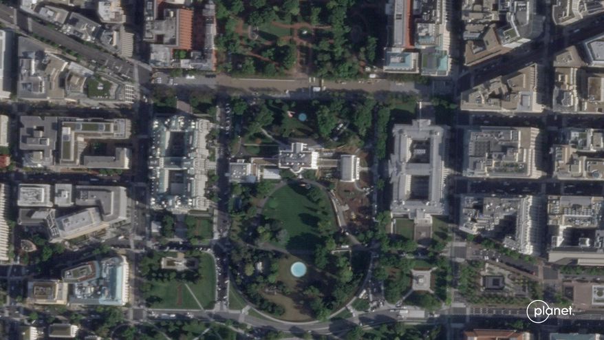 This satellite image from Planet Labs PBC shows the White House in Washington, Sept. 26, 2025, with the East Wing intact before demolition began. (Planet Labs PBC via AP)
