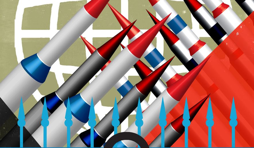 Nuclear weapons around the world and Russian nukes illustration by Linas Garsys / The Washington Times