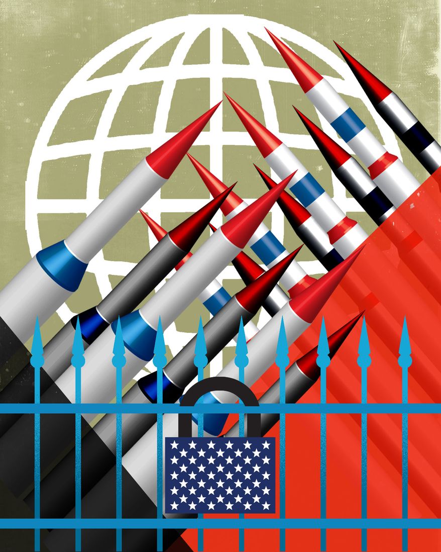 Nuclear weapons around the world and Russian nukes illustration by Linas Garsys / The Washington Times