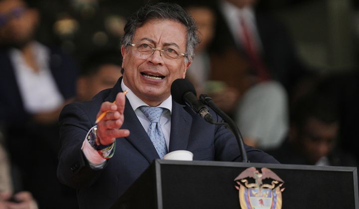 Colombian President Gustavo Petro speaks during the swearing-in ceremony of Gen. William Rincon as the new national police director in Bogota, Colombia, Friday, Oct. 24, 2025. (AP Photo/Ivan Valencia)